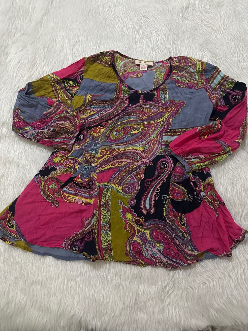 Boho Paisley Button-Front Blouse in Fuchsia and Olive